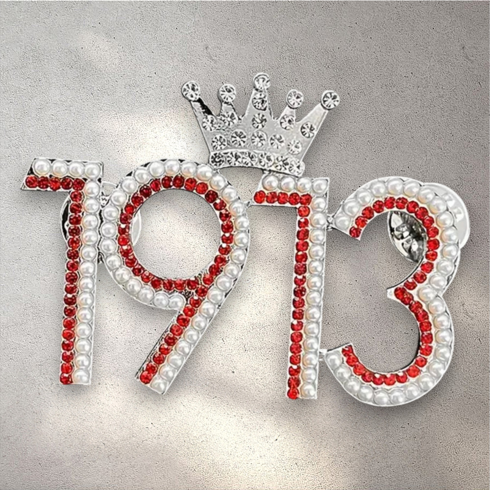 Delta Sigma Theta Brooch 1913 Crown Red Rhinestones‎ and White Pearls